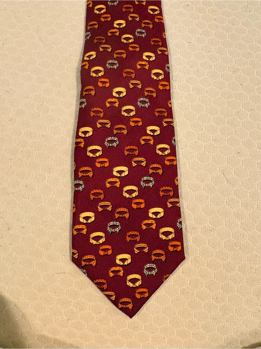 Burberry Burgundy Silk Tie with Gold and Orange Motif Italian